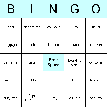 Airport and Travel Bingo Card
